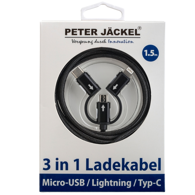 Peter Jäckel USB Data Cable ALL IN ONE Black mit Sync- und Ladefunktion