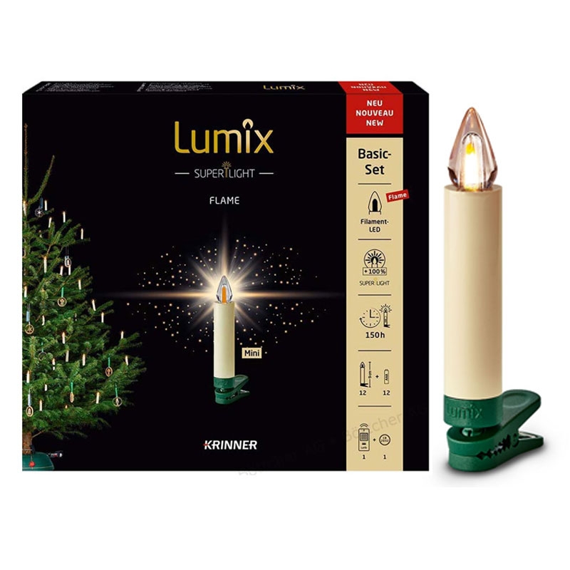Krinner Lumix SuperLight Flame 12er Basis-Set Kabellose Christbaumkerzen Elfenbein (2.Wahl)