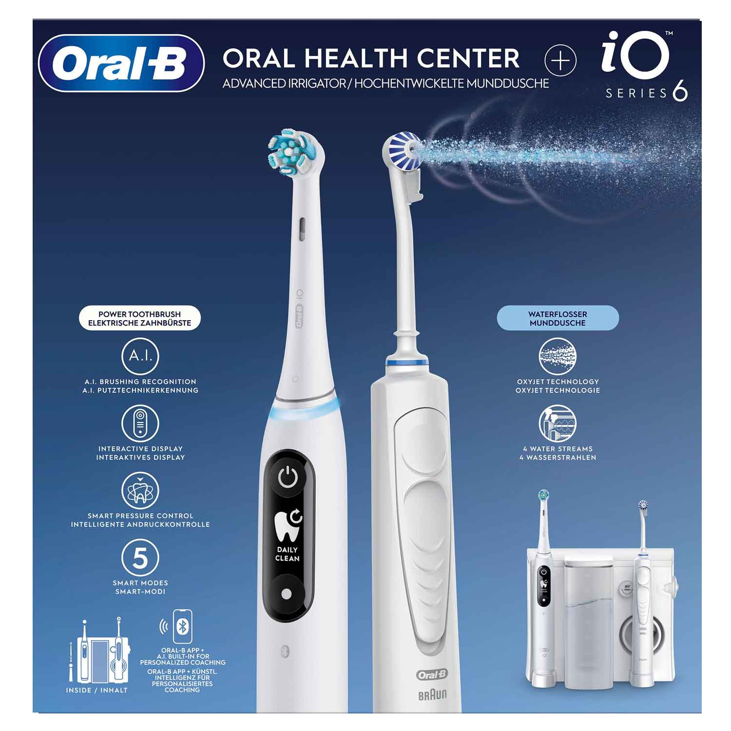 Oral-B Oral Health Center Munddusche mit Oxyjet-Technologie & iO Series 6 Zahnbürste