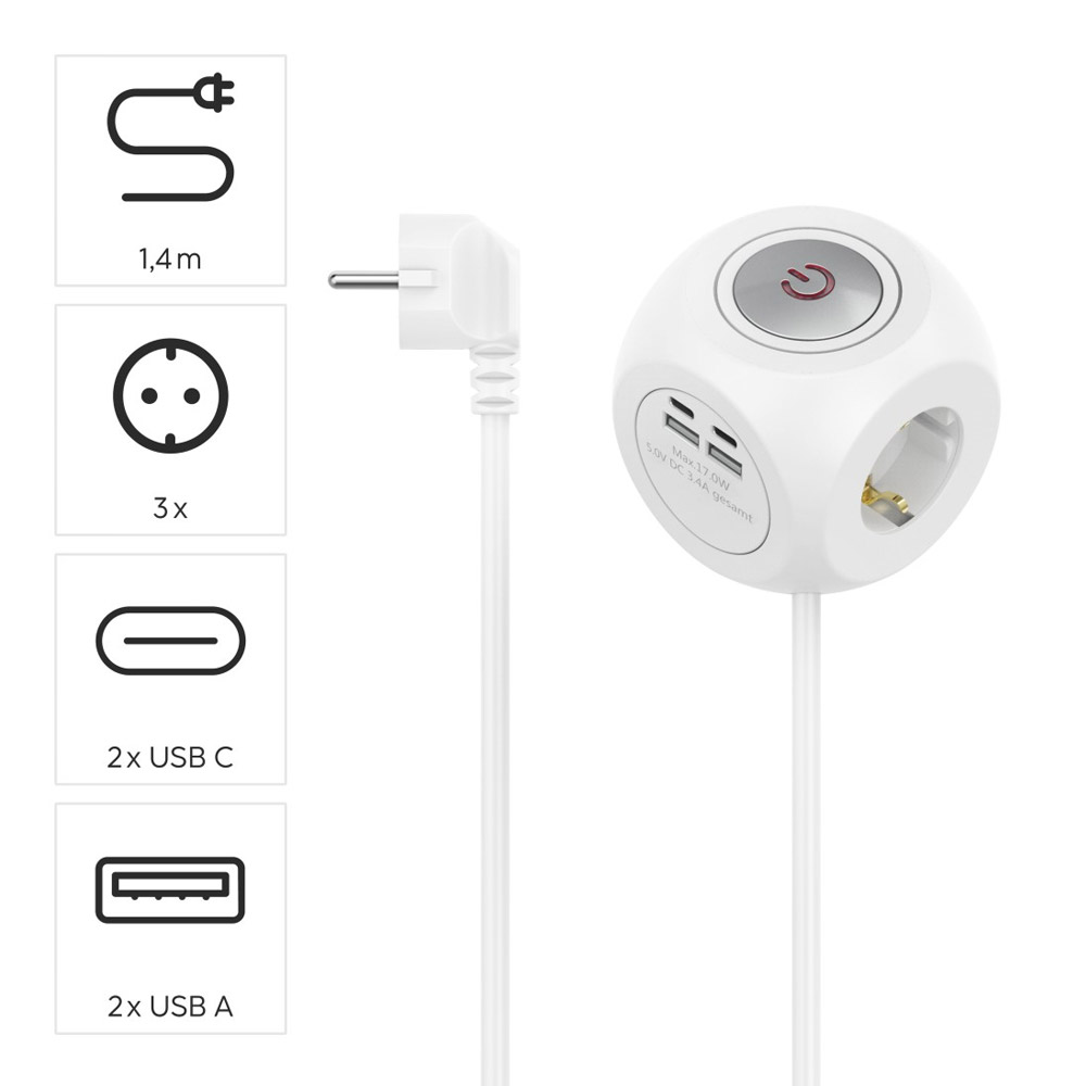 Hama Steckdosenwürfel, 3-fach, USB-C/A, 17 W, mit Schalter, 1,4 m, Weiß