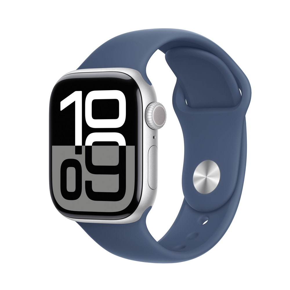 Apple Watch Series 10 4G 42mm Aluminium Silber Sportarmband Denim S/M
