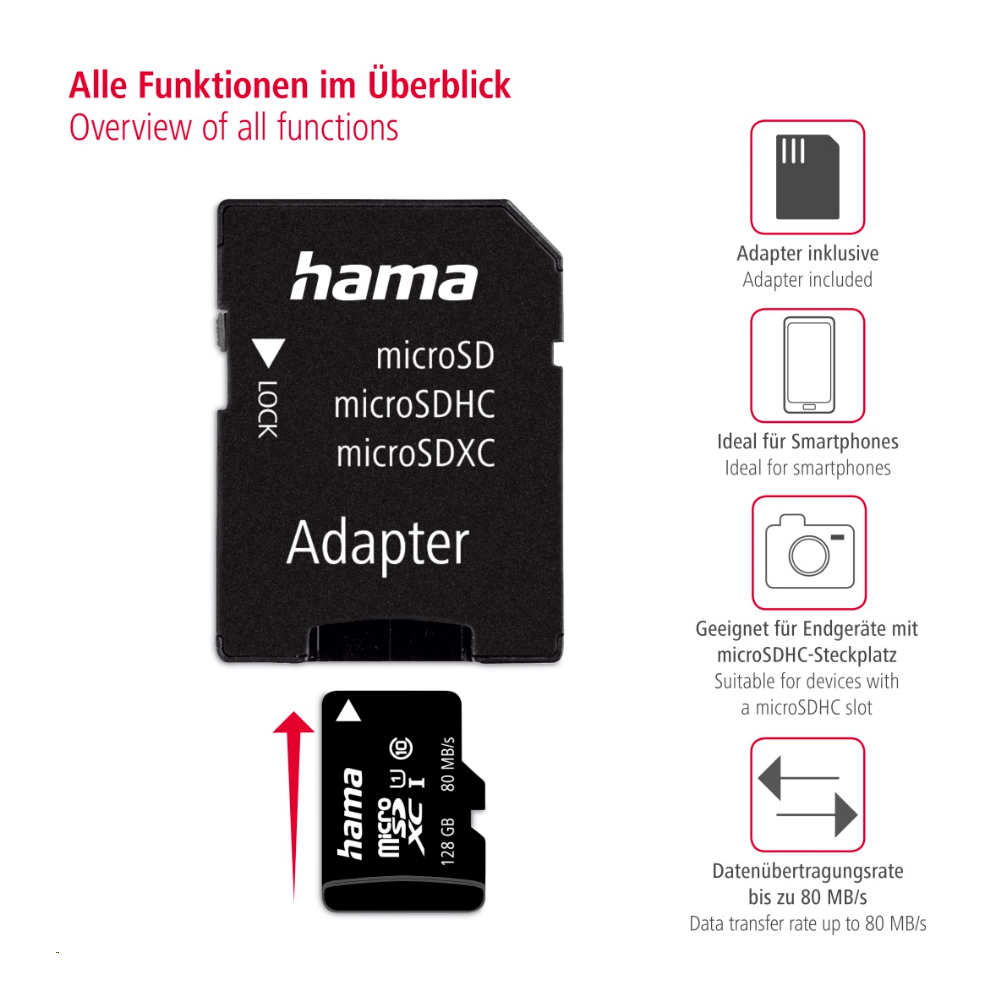 Hama microSDXC 128GB Class 10 UHS-I 80MB/s + Adapter/Mobile