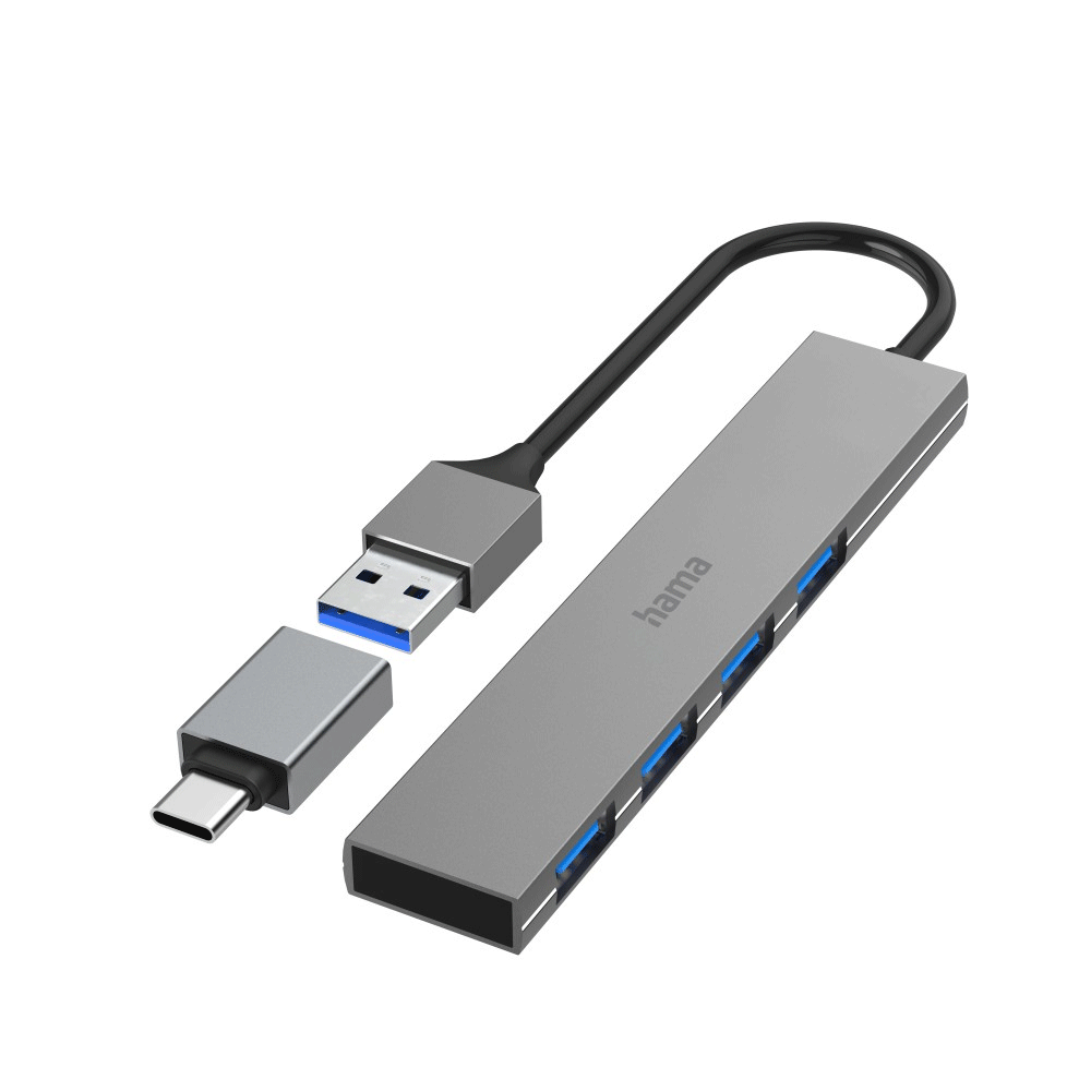 Hama USB-Hub 4 Ports USB 3.2 Gen1 5 Gbit/s Ultra Slim inkl. USB-C-Adapter