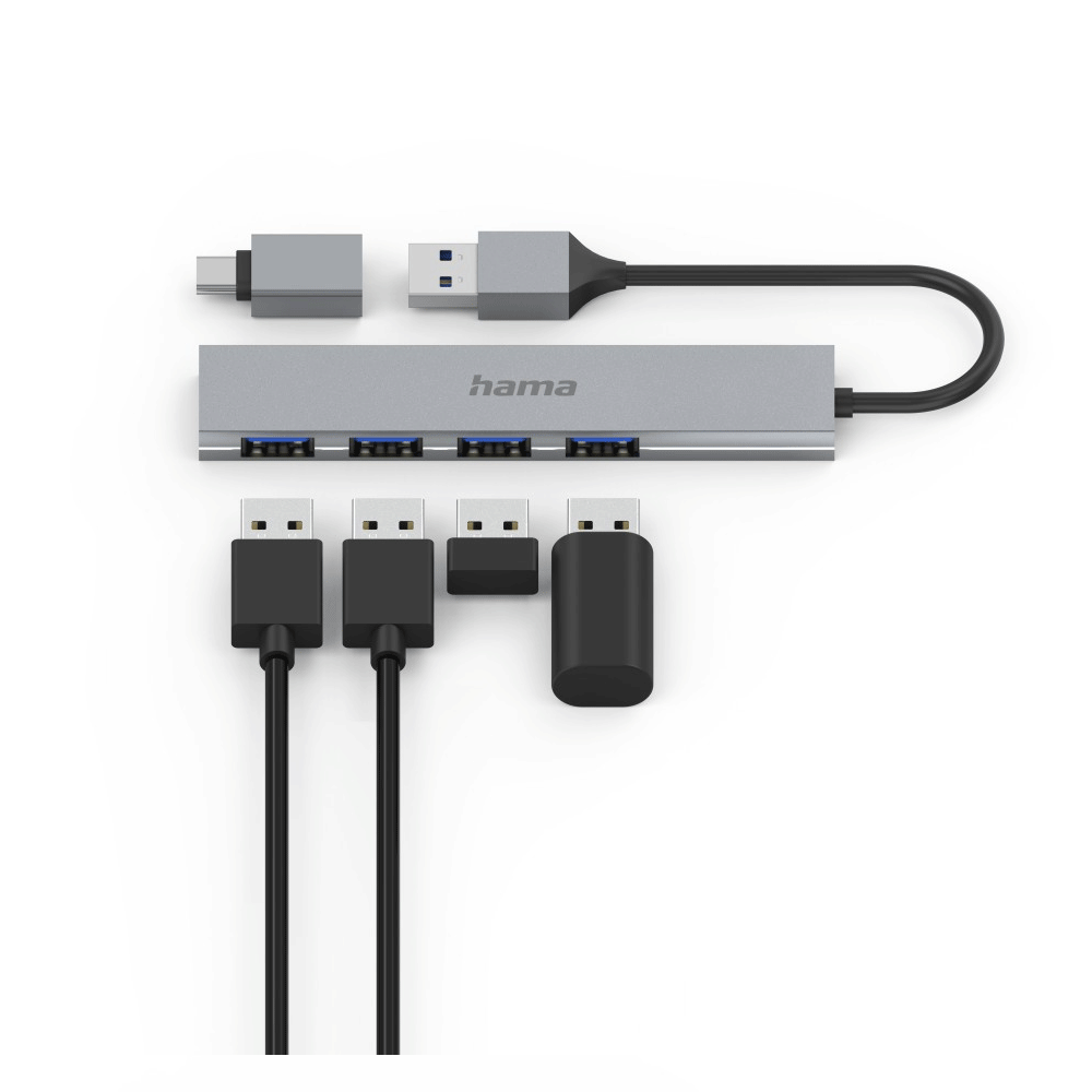 Hama USB-Hub 4 Ports USB 3.2 Gen1 5 Gbit/s Ultra Slim inkl. USB-C-Adapter