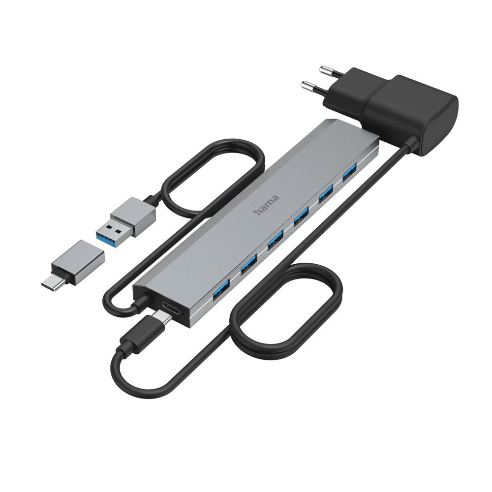 Hama USB-Hub 7 Ports USB 3.2 Gen1 5 Gbit/s inkl. USB-C-Adapter und Netzteil
