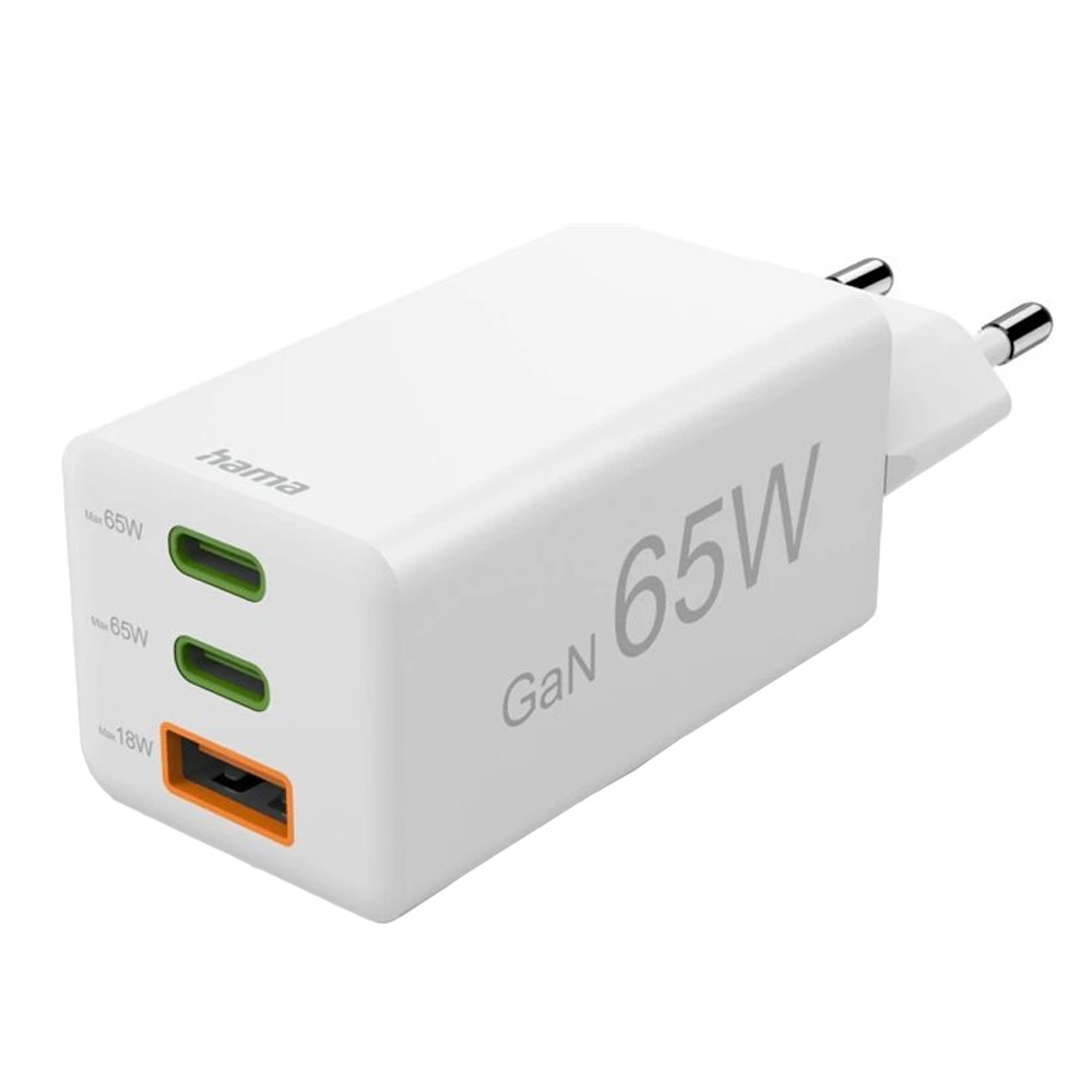 Hama Schnellladegerät, GaN, 2x USB-C, 1x USB-A, Mini-Ladegerät, PD, 65 W, Weiß