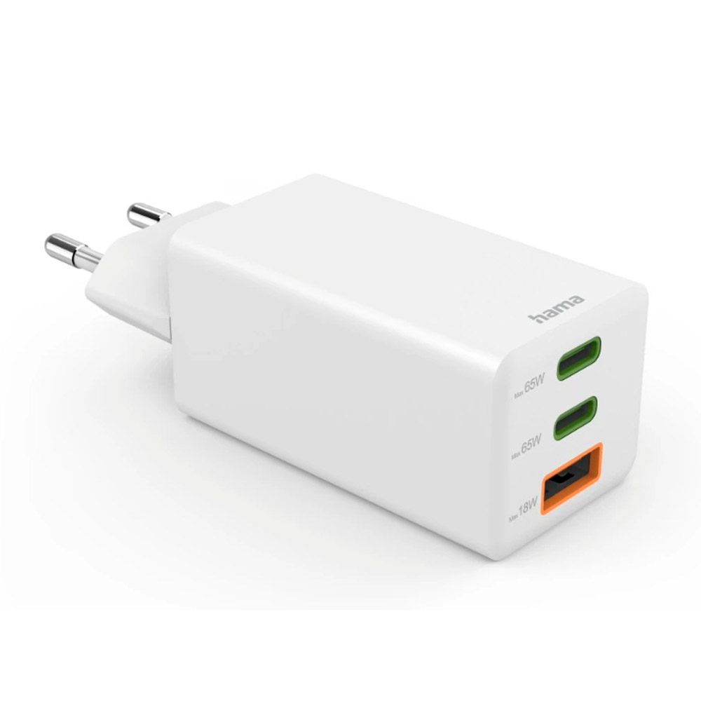 Hama Schnellladegerät, GaN, 2x USB-C, 1x USB-A, Mini-Ladegerät, PD, 65 W, Weiß