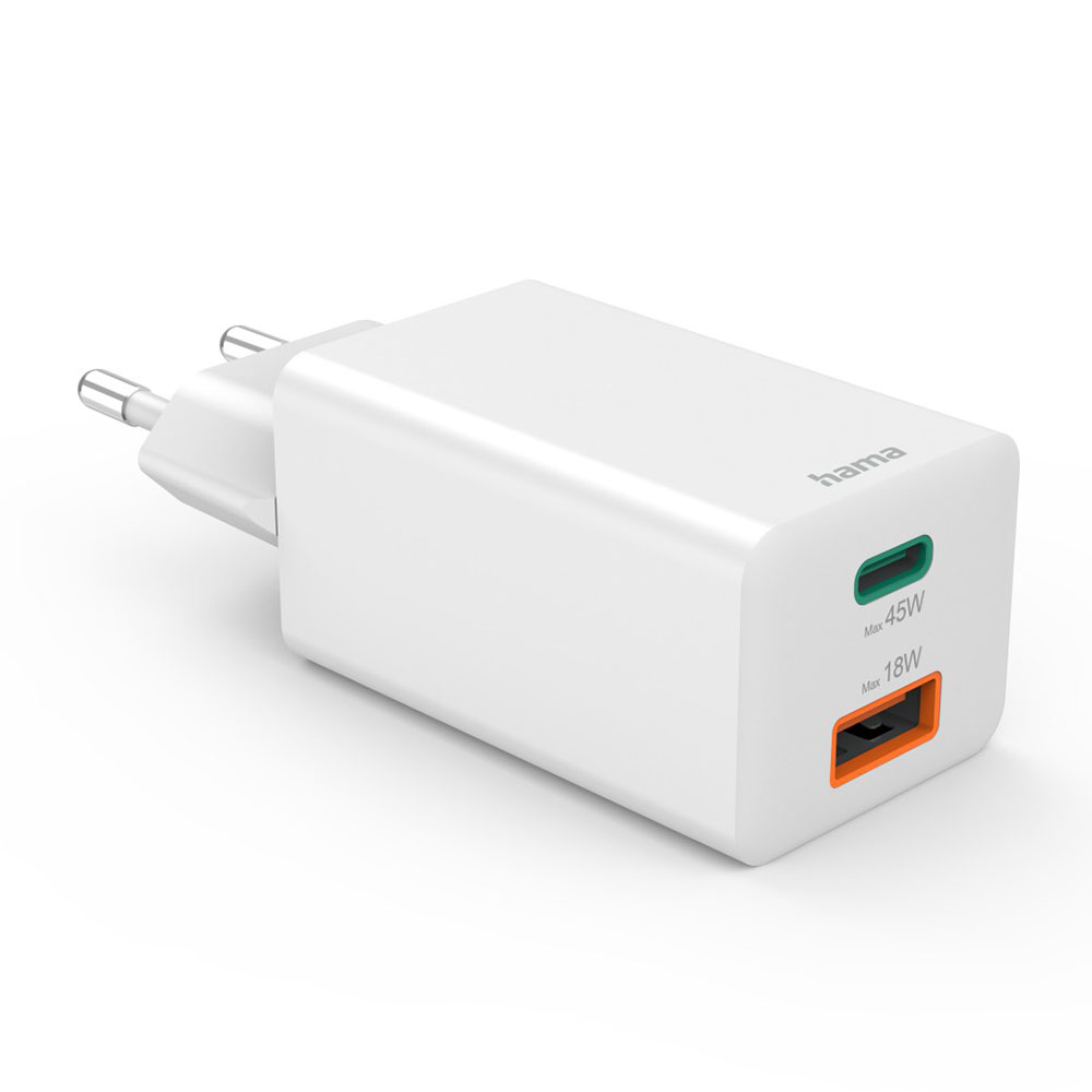 Hama Schnellladegerät, 1x USB-C, 1x USB-A, Mini-Ladegerät, PD, 45 W, Weiß