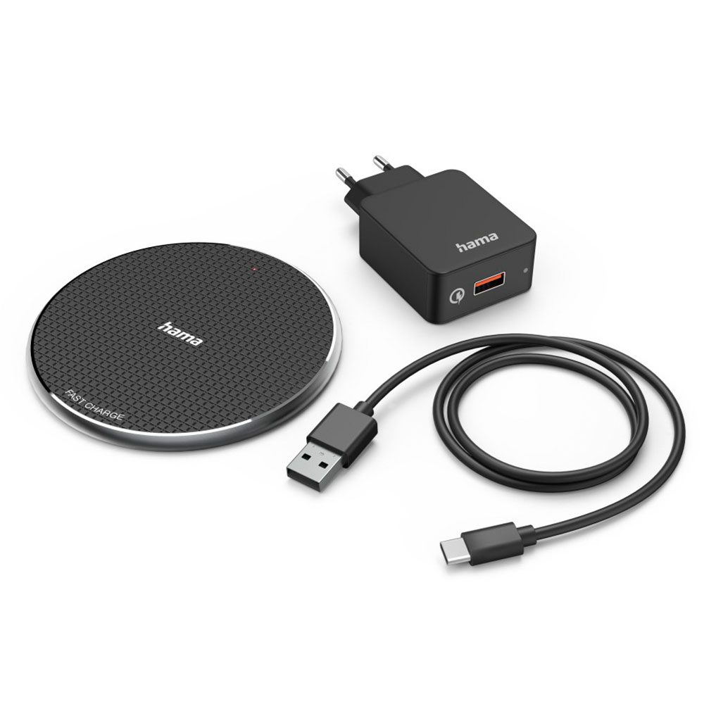 Hama Wireless Charger Set "QI-FC10", 10 W, kabelloses Smartphone-Ladepad, Schwarz