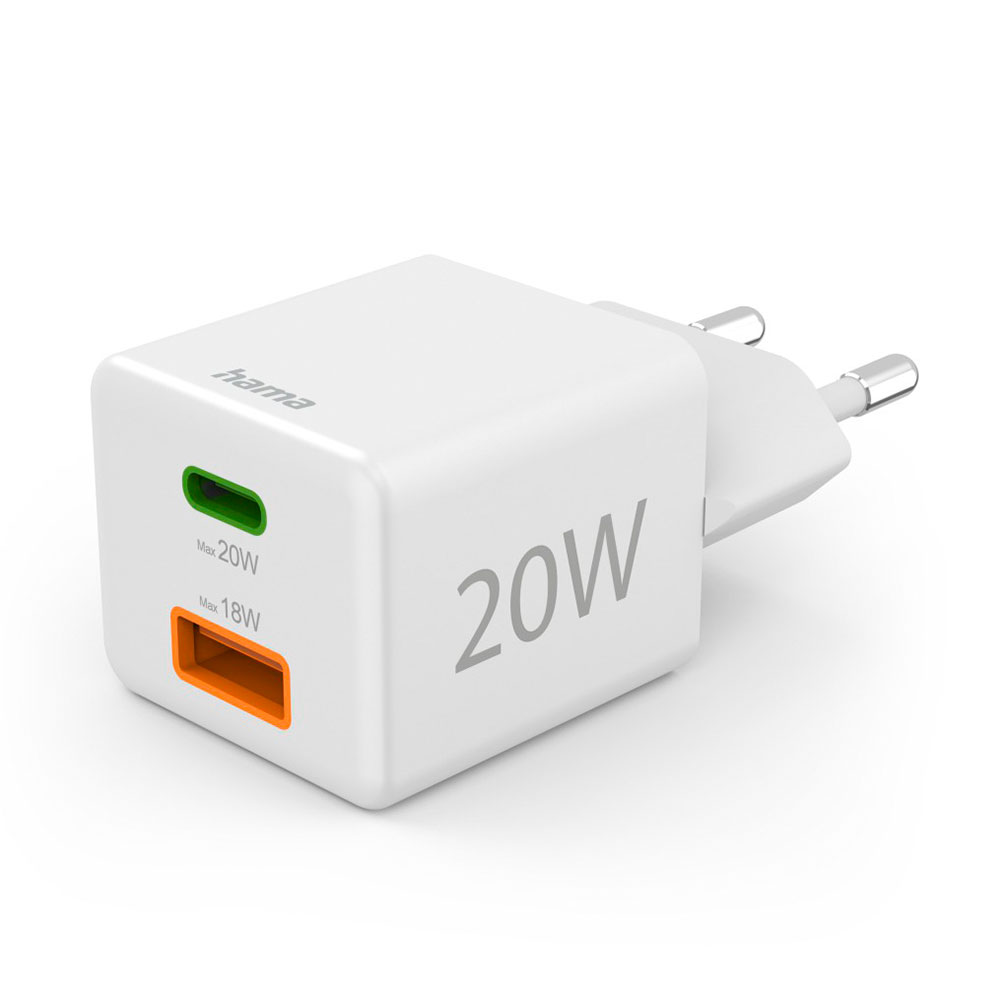 Hama Schnellladegerät, 1x USB-C, 1x USB-A, Mini-Ladegerät, PD, 20 W, Weiß