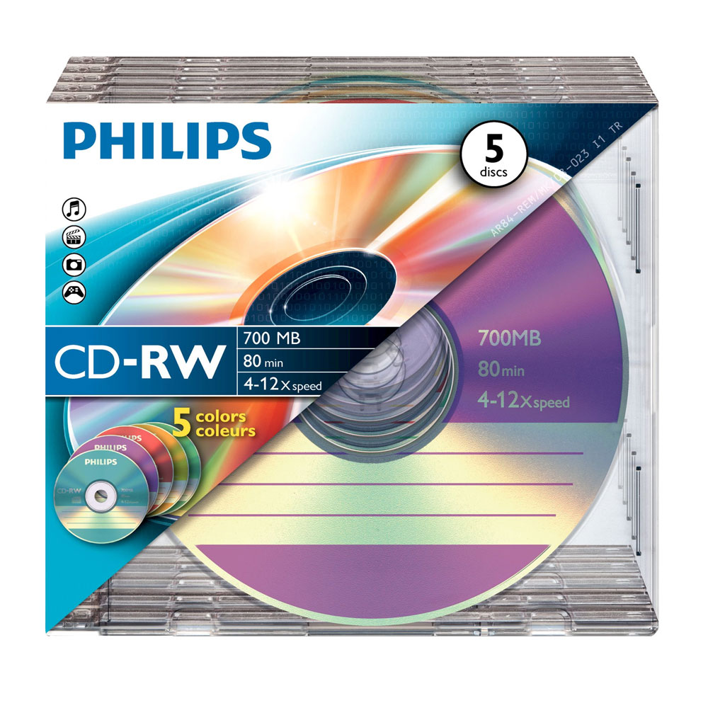 Philips CD-RW Rohlinge 80Min 700MB 4-12x 5er Slim Case Coloured