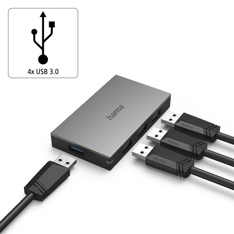 Hama USB-Hub, 4 Ports, USB 3.0, 5 Gbit/s, Schnellladen, inkl. Kabel