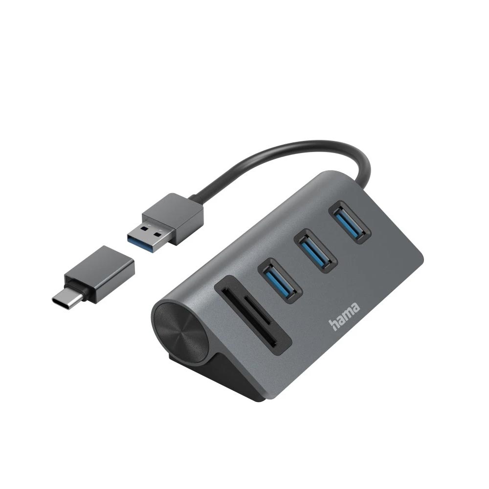 Hama USB-Hub/Kartenleser, 5 Ports, 3x USB-A, SD, microSD, inkl. USB-C-Adapter
