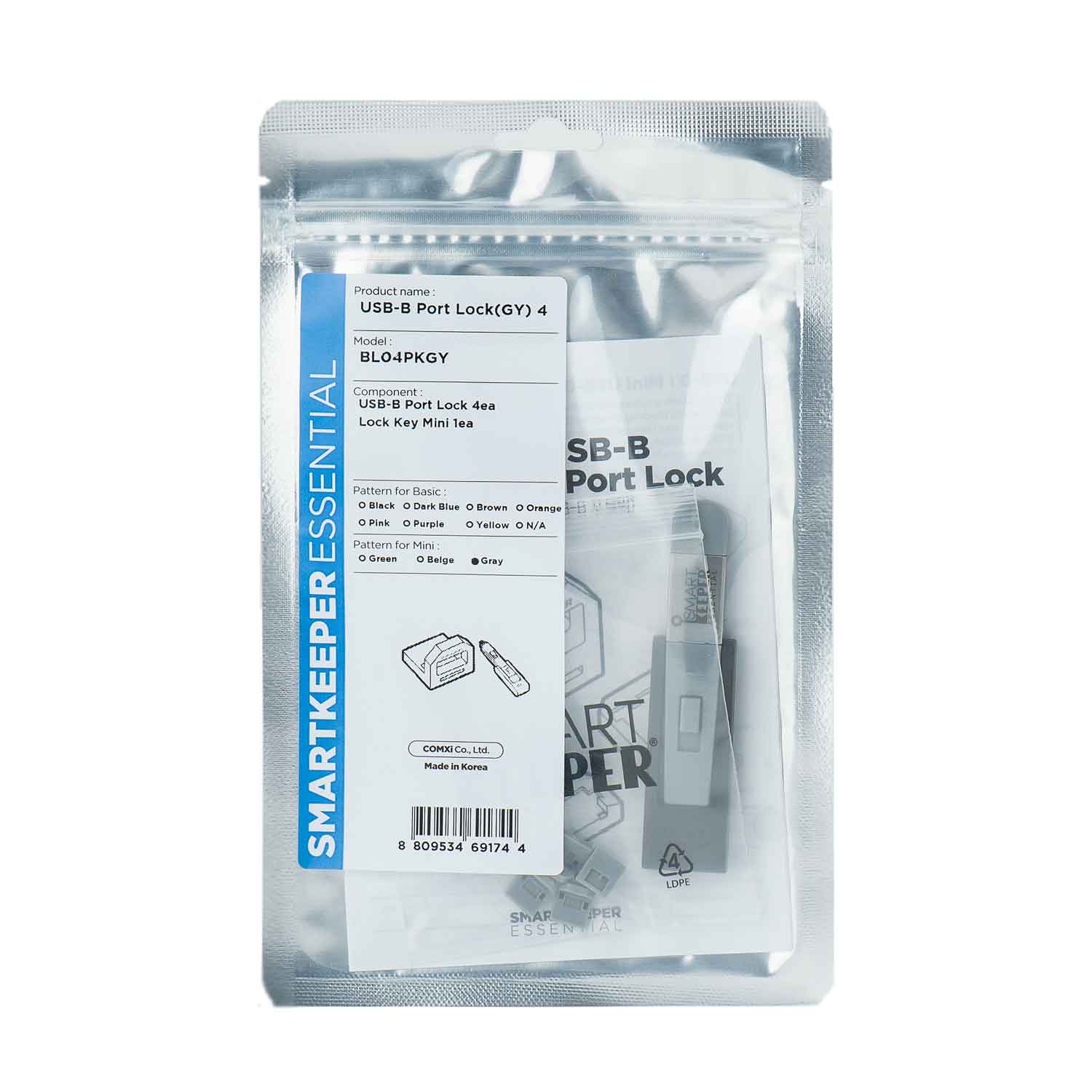 SmartKeeper BL04PKGY USB B-Port Blocker 4 Stück mit Schlüssel grau