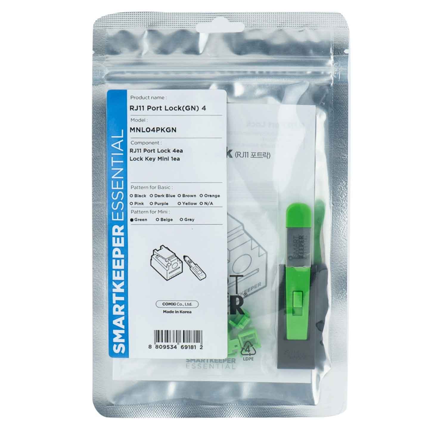 SmartKeeper MNL04PKGN RJ11 Port Blocker 4 Stück mit Schlüssel grün