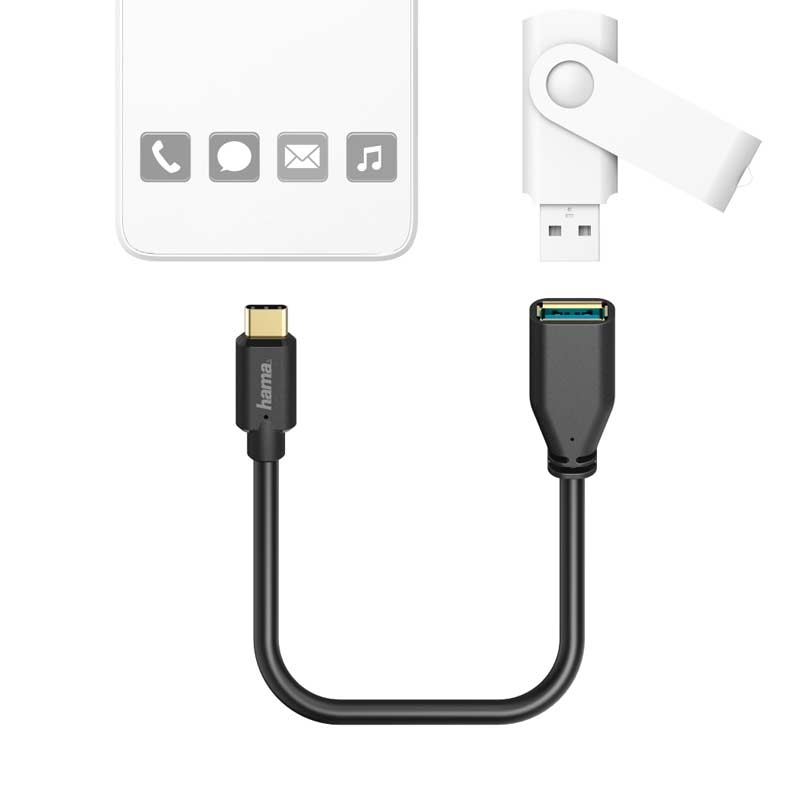 Hama USB Type-C-Adapterkabel, OTG, USB Type-C-Stecker - A-Buchse, 15 cm, Schwarz